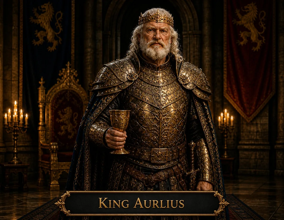 Character illustration of King Aurelius from The Caldera Throne political war fantasy series
