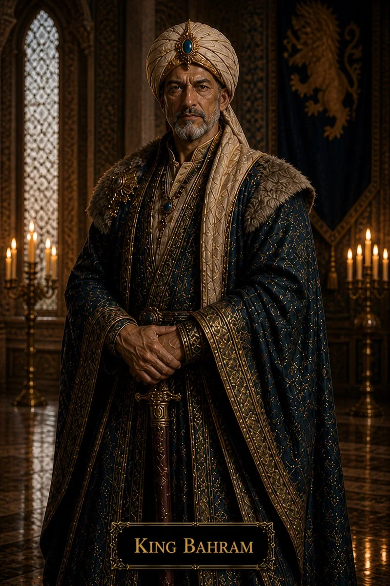Character reference image of King Bahram from The Caldera Throne political war fantasy series
