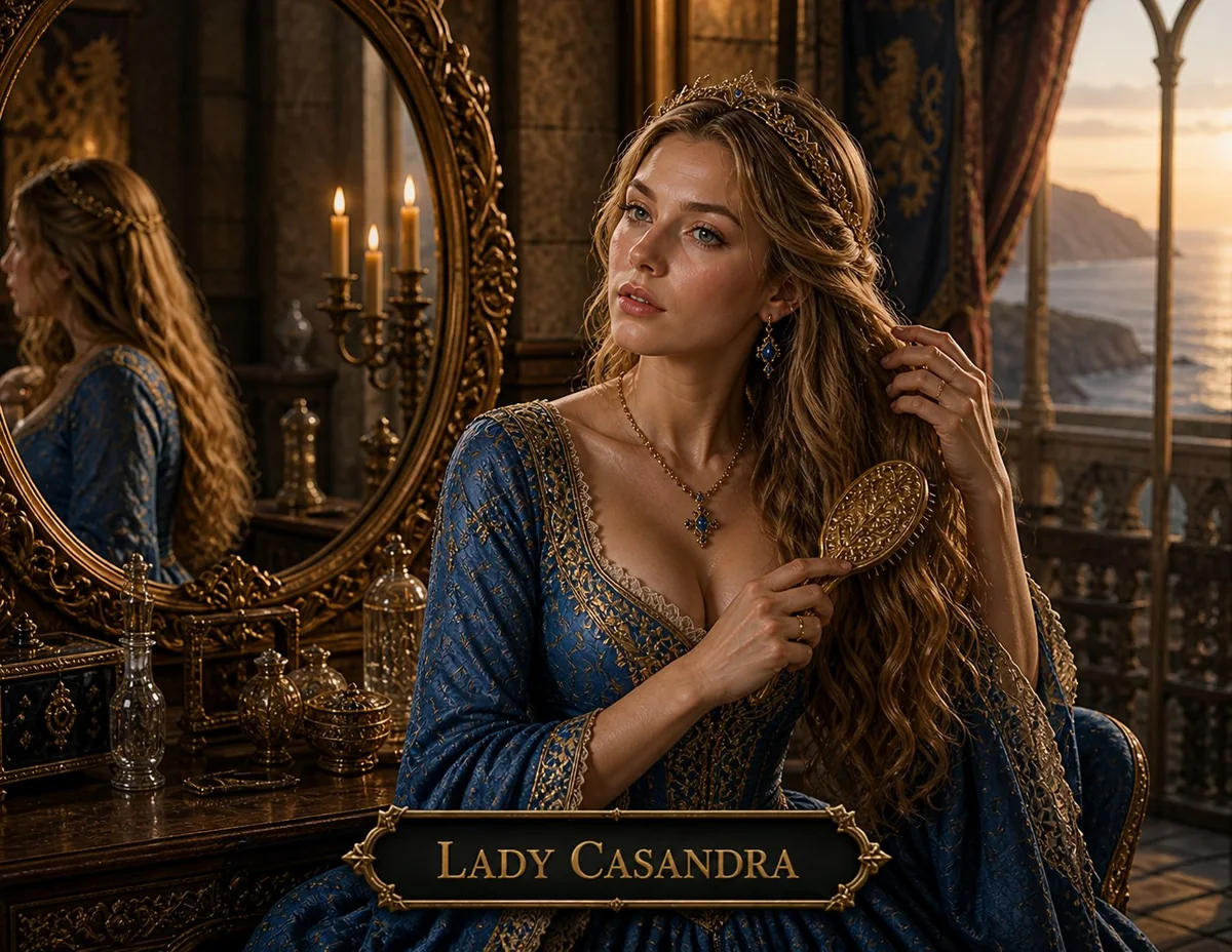 Character illustration of Cassandra from The Caldera Throne political war fantasy series
