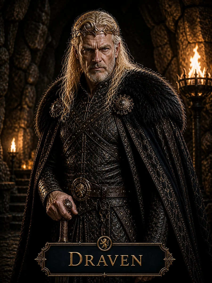 Character reference image of Draven from The Caldera Throne political war fantasy series