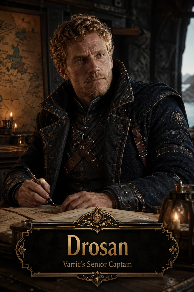 Character reference image of Drosan from The Caldera Throne political war fantasy series