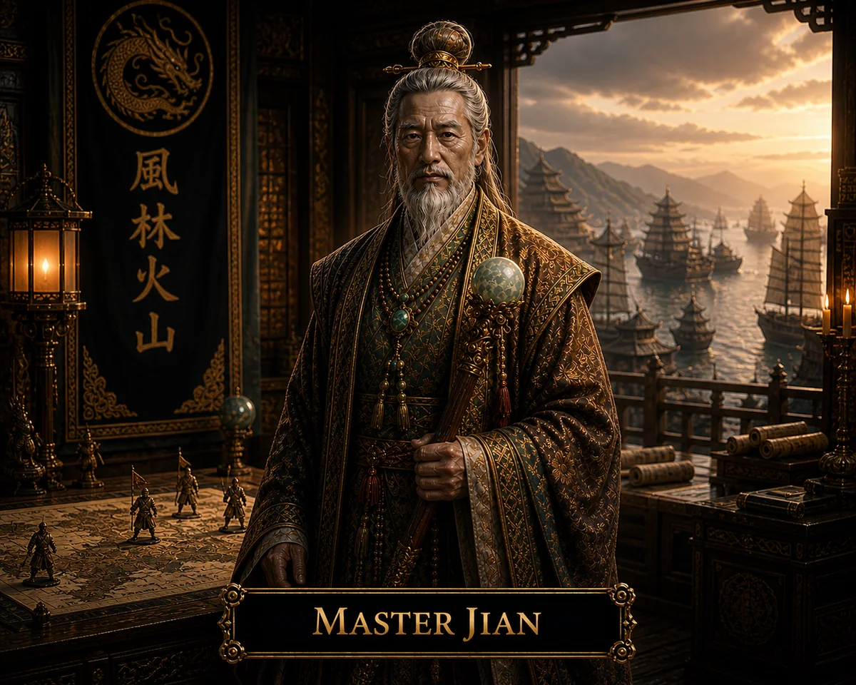 Character reference image of Jian from The Caldera Throne political war fantasy series