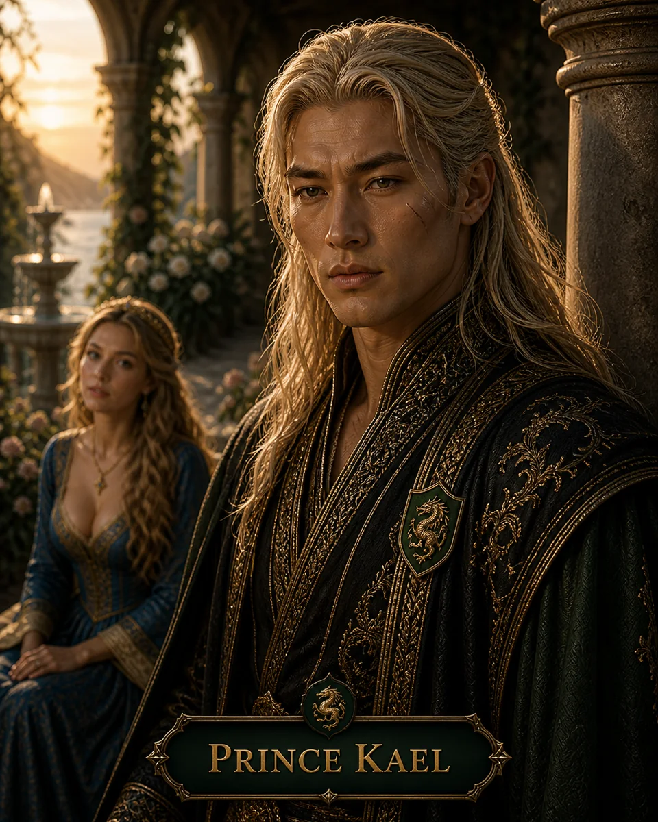 Character reference image of Prince Kael from The Caldera Throne political war fantasy series