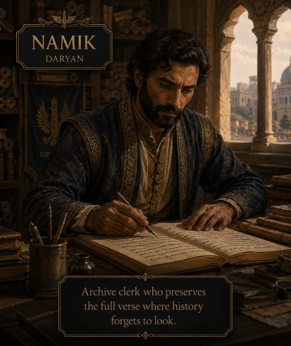Character reference image of Namik from The Caldera Throne political war fantasy series