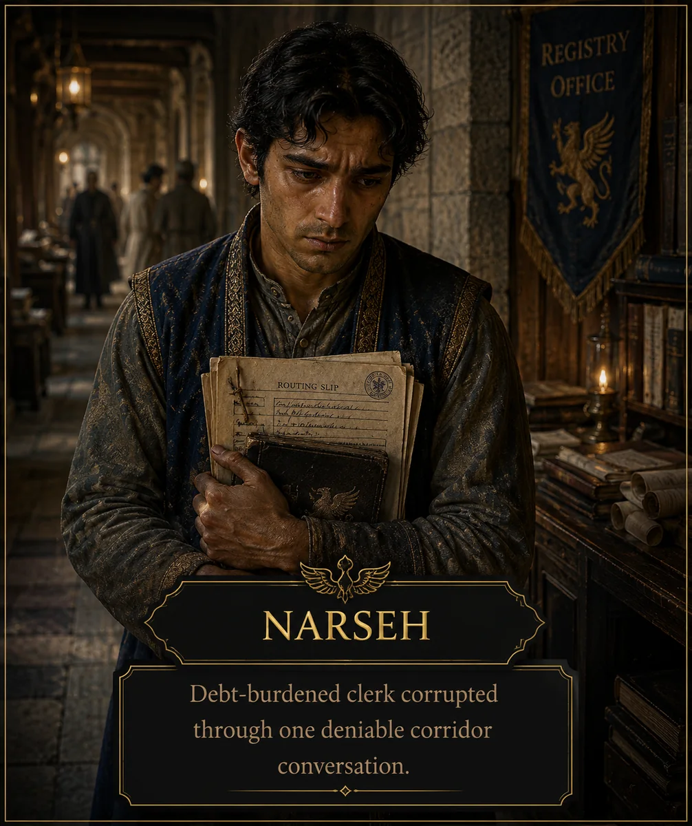 Character reference image of Narseh from The Caldera Throne political war fantasy series
