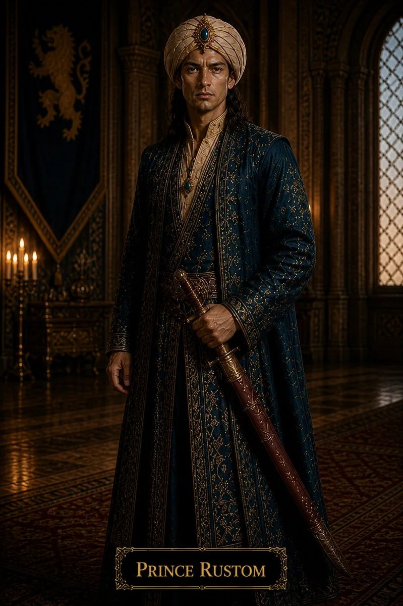 Character reference image of Rustom from The Caldera Throne political war fantasy series