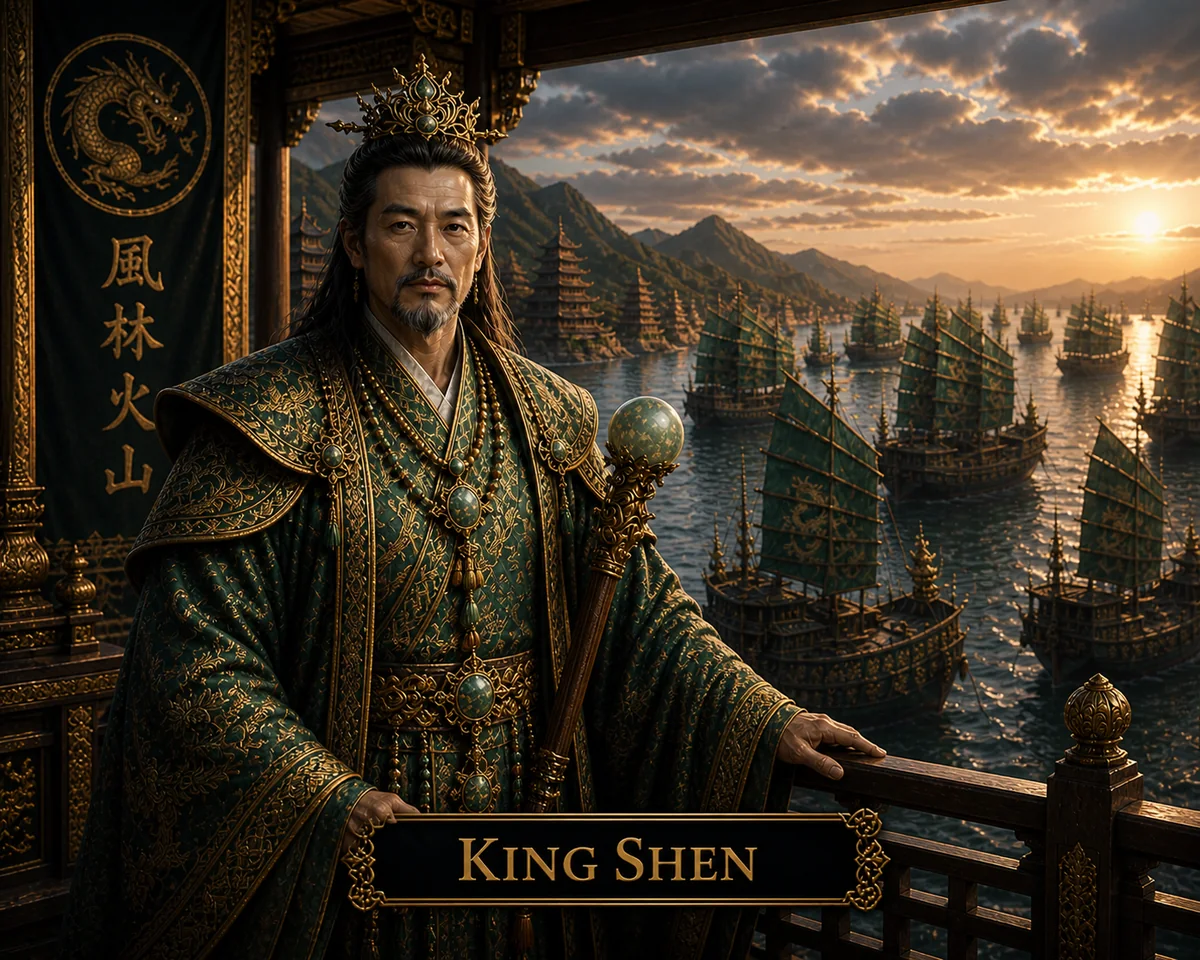 Character reference image of King Shen from The Caldera Throne political war fantasy series