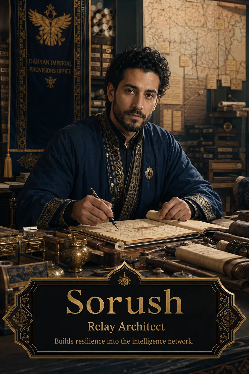 Character reference image of Sorush from The Caldera Throne political war fantasy series